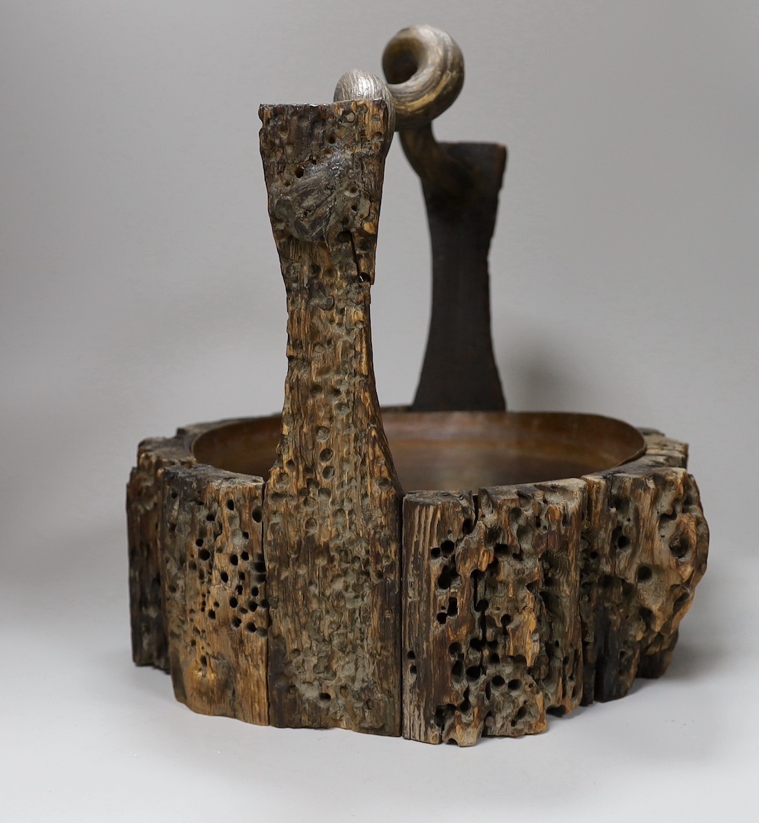 A Japanese Ikebana wood basket, together with a tall bamboo sectional Ikebana vase. Tallest 102cm